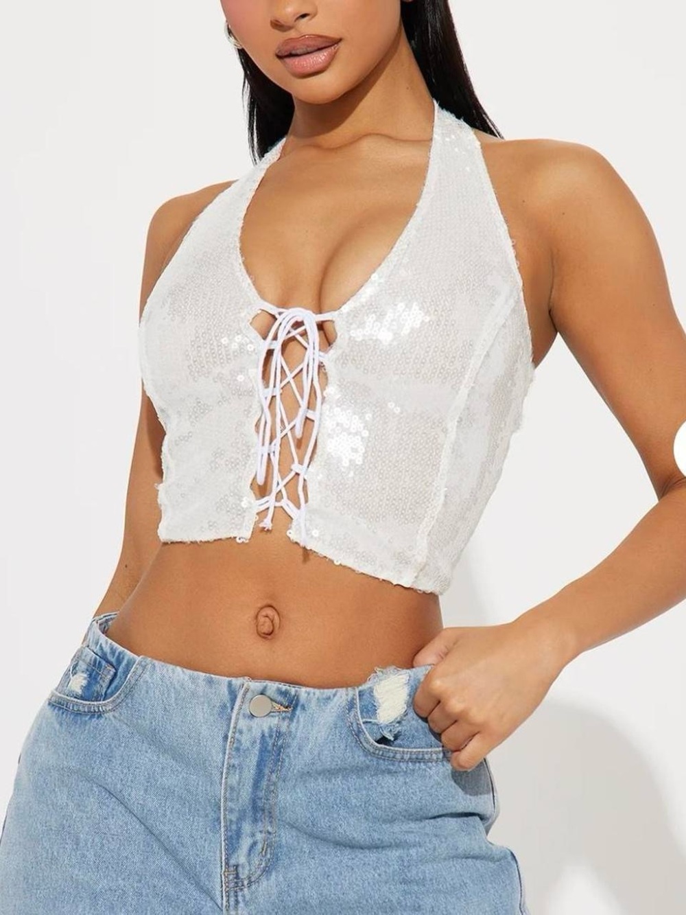 Fashion Nova White Sequin Halter Lace-Up Crop Top